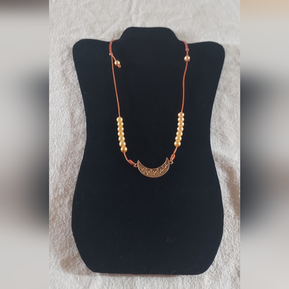 Handmade Adjustable Metallic Orange Leather & Gold Pearl & Moon Charm Necklace